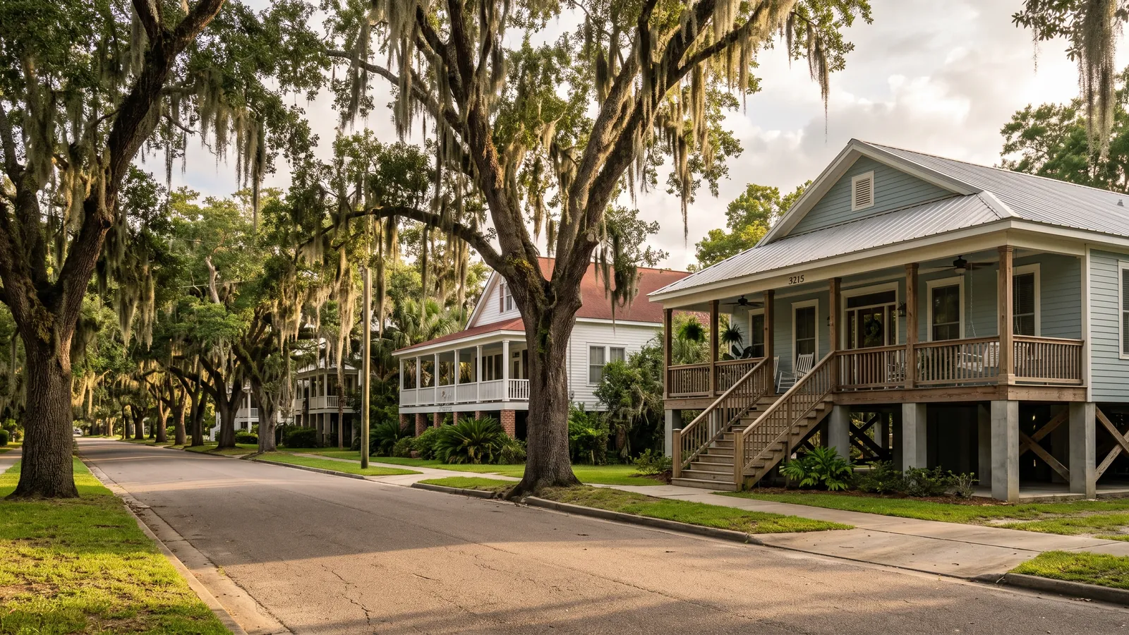 A residential street in Gulfport, Mississippi with raised coastal houses, deep porches and live oaks draped in Spanish moss along the verge